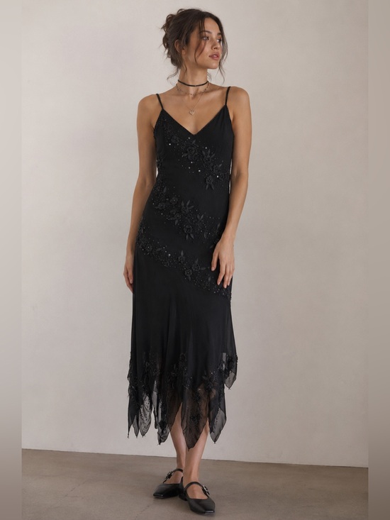 Vintage Dresses & Skirts - Vintage Black Beaded Handkerchief Hem Slip Dress Whimsigoth Y2K Fairy